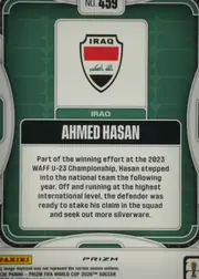 Back of 2026 Panini Prizm FIFA World Cup Soccer AHMED HASAN #459 Prizm (refractor), upright portrait-oriented soccer card back. A dark green background has rounded white border accents. At the top center is a white label reading NO…