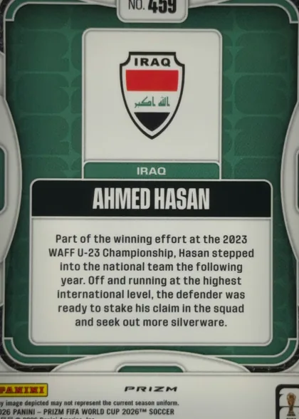 Back of 2026 Panini Prizm FIFA World Cup Soccer AHMED HASAN #459 Prizm (refractor), upright portrait-oriented soccer card back. A dark green background has rounded white border accents. At the top center is a white label reading NO…