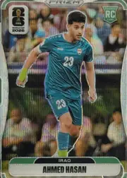 Front of 2026 Panini Prizm FIFA World Cup Soccer AHMED HASAN #459 Prizm (refractor), front of a soccer card. A full-body action photo of a male player in a teal/blue Iraq kit (JAKO brand, number 23 on shirt and shorts) with a green…