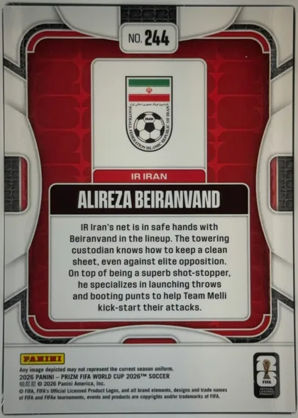 Back of 2026 Panini Prizm FIFA World Cup Soccer Alireza Beiranvand #244, back of a soccer card, upright at 0°. Top center has a small white rounded tag reading 'NO. 244' in bold black. Center is a white vertical panel…