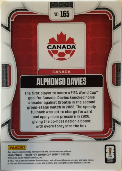 Back of 2026 Panini Prizm FIFA World Cup Soccer Alphonso Davies #165, upright portrait-oriented card back. A red Canada-themed central panel is surrounded by white, gray, and black geometric borders. The card number…