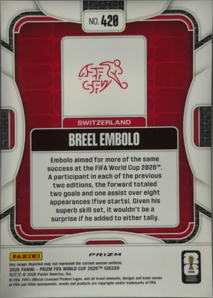 Back of 2026 Panini Prizm FIFA World Cup Soccer BREEL EMBOLO #420 Prizm (silver base refractor), upright portrait-format card back. A red patterned field fills the upper and middle area, framed by white rounded linework and dark outer accents…