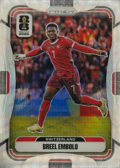 Front of 2026 Panini Prizm FIFA World Cup Soccer BREEL EMBOLO #420 Prizm (silver base refractor), front of a Panini Prizm soccer card. Top center bears the 'PANINI PRIZM' logo in a silver hexagonal badge. Upper left shows the 'FIFA WORLD CUP…