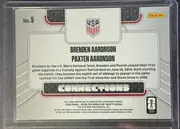 Back of 2026 Panini Prizm FIFA World Cup Soccer Brenden Aaronson and Paxten Aaronson #5, upright landscape card back. A light gray geometric background surrounds a large rounded white central panel. The U.S. crest is centered near the…