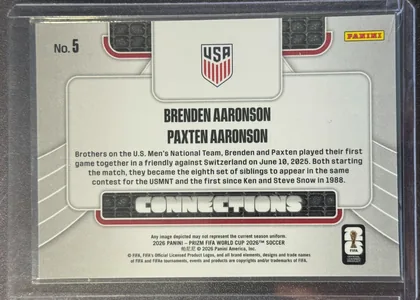 Back of 2026 Panini Prizm FIFA World Cup Soccer Brenden Aaronson and Paxten Aaronson #5, upright landscape card back. A light gray geometric background surrounds a large rounded white central panel. The U.S. crest is centered near the…