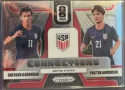 Front of 2026 Panini Prizm FIFA World Cup Soccer Brenden Aaronson and Paxten Aaronson #5, upright portrait-oriented soccer card front featuring Brenden Aaronson on the left and Paxten Aaronson on the right in United States navy uniforms…