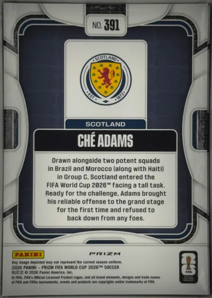 Back of 2026 Panini Prizm FIFA World Cup Soccer CHÉ ADAMS #391, upright portrait-oriented card back. A white and dark navy ornamental frame surrounds a central white panel. The upper center has a rounded label…