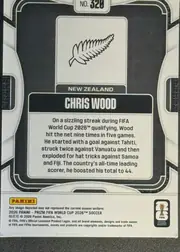 Back of 2026 Panini Prizm FIFA World Cup Soccer Chris Wood #320, back of a soccer trading card. A black-and-white geometric design frames a centered white panel containing a stylized New Zealand fern emblem, the…