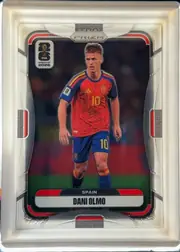 Front of 2026 Panini Prizm FIFA World Cup Soccer DANI OLMO #82 Base, front-facing portrait soccer card. The PANINI logo is centered at the top above a PRIZM plaque. A FIFA WORLD CUP 2026 emblem appears near the…