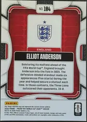 Back of 2026 Panini Prizm FIFA World Cup Soccer Elliot Anderson #104 Base, back of a portrait-oriented soccer card. The top center has a white number plaque reading “NO. 104.” A large red, white, silver-gray, and black…