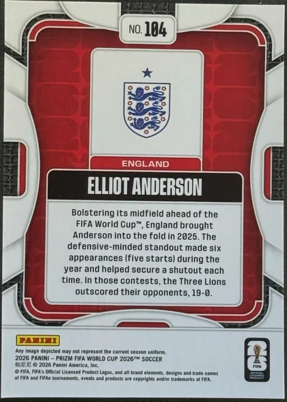 Back of 2026 Panini Prizm FIFA World Cup Soccer Elliot Anderson #104 Base, back of a portrait-oriented soccer card. The top center has a white number plaque reading “NO. 104.” A large red, white, silver-gray, and black…