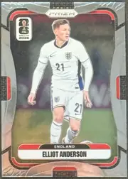Front of 2026 Panini Prizm FIFA World Cup Soccer Elliot Anderson #104 Base, upright portrait soccer card. A silver metallic-style geometric border surrounds a dark stadium photograph of Elliot Anderson in a white England…