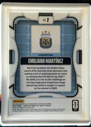 Back of 2026 Panini Prizm FIFA World Cup Soccer Emiliano Martínez #2 Base, upright portrait-oriented card back. A small rounded label at the top reads NO. 2. The Argentina crest with three stars is centered above the team…