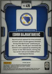 Back of 2026 Panini Prizm FIFA World Cup Soccer Esmir Bajraktarević #476 Silver Prizm, upright portrait-oriented card back. A blue and white geometric design surrounds a large central white panel. The top has a rounded white label…