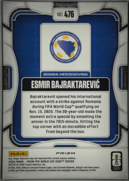 Back of 2026 Panini Prizm FIFA World Cup Soccer Esmir Bajraktarević #476 Silver Prizm, upright portrait-oriented card back. A blue and white geometric design surrounds a large central white panel. The top has a rounded white label…
