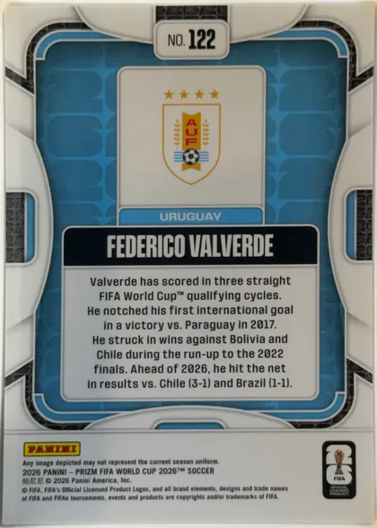 Back of 2026 Panini Prizm FIFA World Cup Soccer Federico Valverde, upright card back featuring a blue geometric patterned background. A centered white rounded panel contains the Uruguay crest at the top, a blue band…