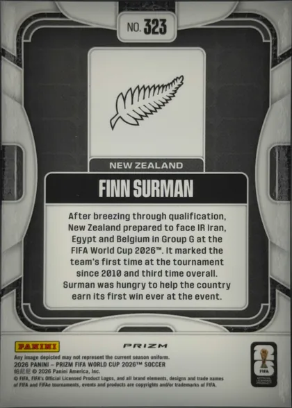 Back of 2026 Panini Prizm FIFA World Cup Soccer Finn Surman #523, upright portrait-oriented card back. A black field is enclosed by a white rounded border. Near the top is a white panel containing a stylized New…