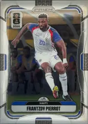 Front of 2026 Panini Prizm FIFA World Cup Soccer Frantzdy Pierrot #239 Base, upright portrait soccer card. The PRIZM logo is centered at the top, with a FIFA World Cup 2026 emblem near the upper left. A player in a white…