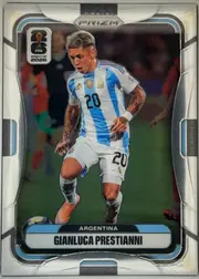 Front of 2026 Panini Prizm FIFA World Cup Soccer Gianluca Prestianni #17 Base, upright portrait soccer card. A full-body action photograph shows Gianluca Prestianni in an Argentina striped jersey, with number 20 visible on the…