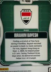 Back of 2026 Panini Prizm FIFA World Cup Soccer Ibrahim Bayesh #453, back of a soccer card. A dark green quilted/textured metallic pattern forms the background, divided by white/silver framing lines into panels with…