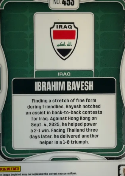 Back of 2026 Panini Prizm FIFA World Cup Soccer Ibrahim Bayesh #453, back of a soccer card. A dark green quilted/textured metallic pattern forms the background, divided by white/silver framing lines into panels with…