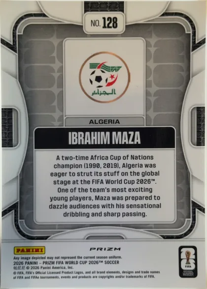 Back of 2026 Panini Prizm FIFA World Cup Soccer Ibrahim Maza, upright card back. A gray rounded-tile lattice fills the field, framed left and right by white curved arch panels that each hold a small dark grid…