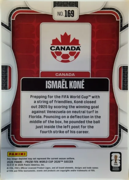 Back of 2026 Panini Prizm FIFA World Cup Soccer Ismael Koné #169 Base, back of a soccer trading card. A red geometric patterned background is enclosed by white rounded border lines. At the upper center is a white number…