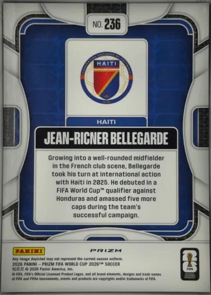 Back of 2026 Panini Prizm FIFA World Cup Soccer Jean-Ricner Bellegarde #236 Base, back side of a portrait-oriented soccer card. A blue patterned central field is surrounded by white and black geometric border elements. The card…