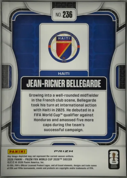 Back of 2026 Panini Prizm FIFA World Cup Soccer Jean-Ricner Bellegarde #236 Prizm (base refractor finish), upright portrait-format card back. A blue central panel is surrounded by layered white, gray, black, and blue geometric borders with rounded…