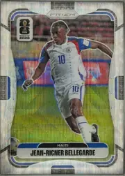 Front of 2026 Panini Prizm FIFA World Cup Soccer Jean-Ricner Bellegarde #236 Prizm (base refractor finish), front of a soccer card. A full-body action photo of a player in a white jersey with blue and red trim, number 10, running on a green pitch with a…