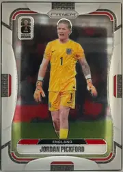 Front of 2026 Panini Prizm FIFA World Cup Soccer Jordan Pickford #111, portrait-oriented soccer card front. A full-body image of Jordan Pickford in a yellow England goalkeeper uniform stands against a dark stadium…
