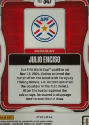 Back of 2026 Panini Prizm FIFA World Cup Soccer Julio Enciso #547 Prizm, upright card back. A red geometric patterned field surrounds a large central white panel. At the top is a white number plaque reading “NO. 547.” The…