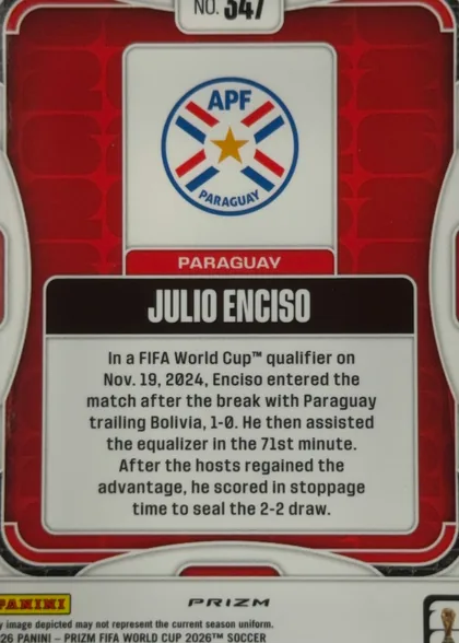 Back of 2026 Panini Prizm FIFA World Cup Soccer Julio Enciso #547 Prizm, upright card back. A red geometric patterned field surrounds a large central white panel. At the top is a white number plaque reading “NO. 547.” The…