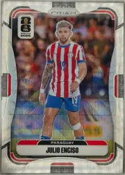 Front of 2026 Panini Prizm FIFA World Cup Soccer Julio Enciso #547 Prizm, front of a soccer card. A full-body action photo of a player in a red-and-white vertically striped jersey with blue trim, blue shorts, and number…