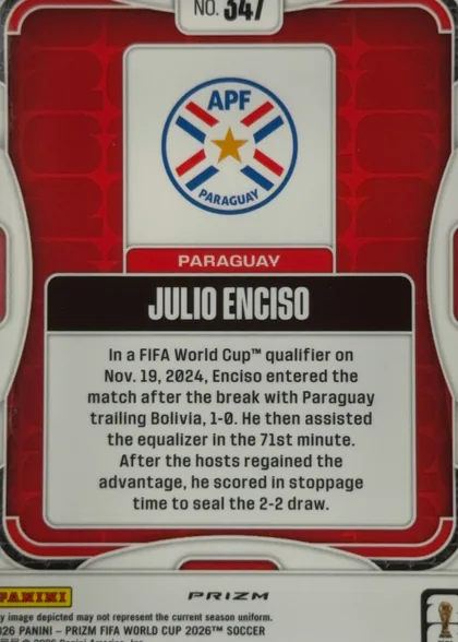 Back of 2026 Panini Prizm FIFA World Cup Soccer Julio Enciso #647, upright card back with a red patterned field and white rounded border. A white upper panel contains the APF Paraguay crest and the word PARAGUAY…