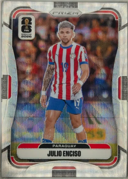 Front of 2026 Panini Prizm FIFA World Cup Soccer Julio Enciso #647, upright portrait soccer card. A player in a red-and-white Paraguay jersey is centered against a blurred stadium background. The FIFA World Cup 2026…