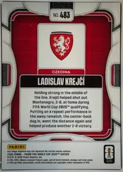 Back of 2026 Panini Prizm FIFA World Cup Soccer Ladislav Krejčí #483 Die-Cut Prizm, upright portrait-oriented card back. A red central field is surrounded by white, gray, and black geometric framing. The card number "NO. 483" is…