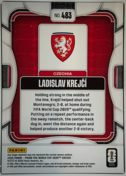 Back of 2026 Panini Prizm FIFA World Cup Soccer Ladislav Krejčí #483 Die-Cut Prizm, upright portrait-oriented card back. A red central field is surrounded by white, gray, and black geometric framing. The card number "NO. 483" is…
