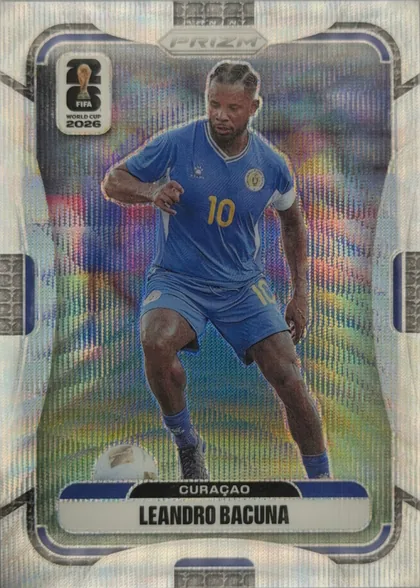 Front of 2026 Panini Prizm FIFA World Cup Soccer Leandro Bacuna #263, upright portrait soccer card showing a Curaçao player in a blue uniform running with a ball. The upper-left area contains a FIFA World Cup 2026…
