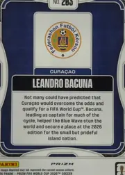 Back of 2026 Panini Prizm FIFA World Cup Soccer Leandro Bacuna #263 Prizm, back of a soccer trading card in navy blue and white. The card number “No. 263” is centered at the top. A centered white panel contains the Curaçao…