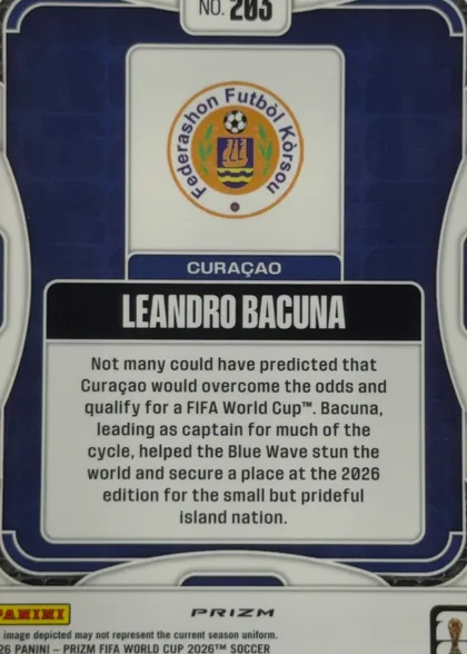 Back of 2026 Panini Prizm FIFA World Cup Soccer Leandro Bacuna #263 Prizm, back of a soccer trading card in navy blue and white. The card number “No. 263” is centered at the top. A centered white panel contains the Curaçao…