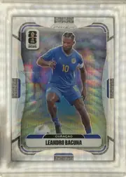 Front of 2026 Panini Prizm FIFA World Cup Soccer Leandro Bacuna #263 Prizm, portrait soccer card front showing Leandro Bacuna in a blue Curaçao uniform with number 10, running with a soccer ball. A FIFA World Cup 2026 logo…