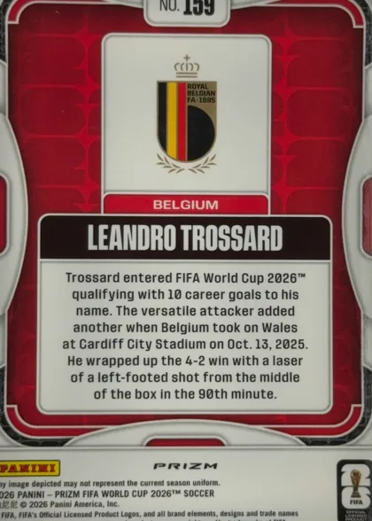 Back of 2026 Panini Prizm FIFA World Cup Soccer Leandro Trossard #159, upright portrait-format card back. A centered white panel contains the Royal Belgian FA crest, with a red BELGIUM label beneath it. A black…