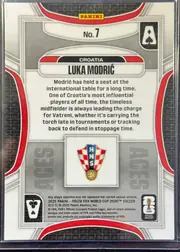 Back of 2026 Panini Prizm FIFA World Cup Soccer Luka Modrić #7, back of a portrait-format soccer card. A yellow PANINI logo is centered near the top above the card number "No. 7". The upper-middle black nameplate…