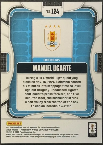 Back of 2026 Panini Prizm FIFA World Cup Soccer Manuel Ugarte #124 Base, upright portrait-format card back. A cream border surrounds a blue patterned inset with rounded white and blue framing. The top center has a cream…
