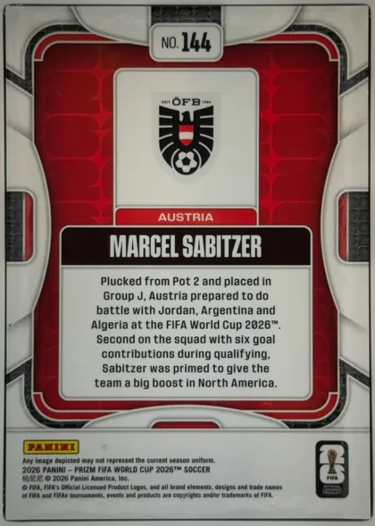 Back of 2026 Panini Prizm FIFA World Cup Soccer Marcel Sabitzer #144 Base, upright portrait-oriented card back. A large red patterned central panel is framed by white, gray, and black geometric borders. Near the top center…