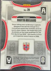 Back of 2026 Panini Prizm FIFA World Cup Soccer MARTIN ØDEGAARD #20, upright portrait-format card back. A large gray, white, black, and red geometric design frames a central white text panel. PANINI appears in a…