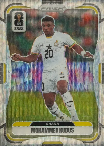 Front of 2026 Panini Prizm FIFA World Cup Soccer Mohammed Kudus #229 Prizm, upright portrait soccer card. A full-body image of Mohammed Kudus in a white Ghana kit appears against a multicolored stadium-like background. The…