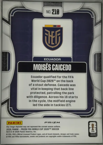 Back of 2026 Panini Prizm FIFA World Cup Soccer Moisés Caicedo #210 Prizm, upright portrait-format card back. A dark navy central panel is surrounded by a white and metallic gray geometric frame with rounded corners and…