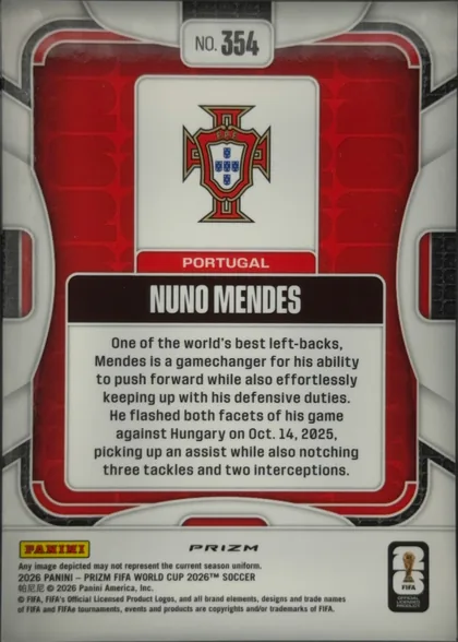 Back of 2026 Panini Prizm FIFA World Cup Soccer Nuno Mendes #554, upright portrait-oriented card back. A red patterned field surrounds a large white central panel featuring the Portugal crest. A red strip reads…